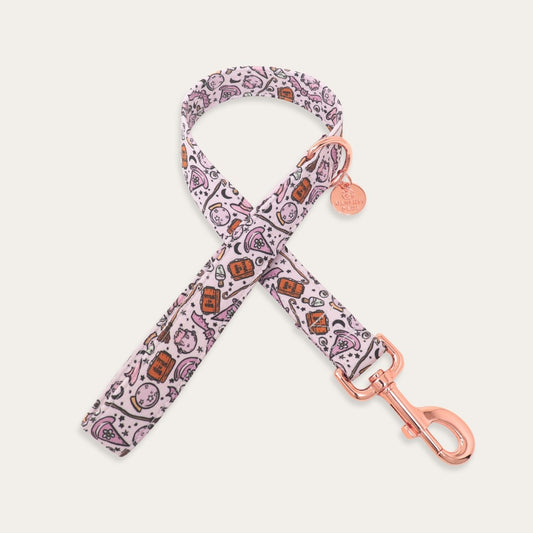 Lavender Halloween dog leash featuring witches, potion bottles, crescent moons, stars and broomsticks