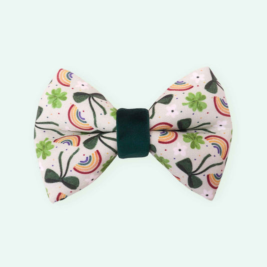 Fortune Clover dog bowtie featuring lucky clovers and rainbow print, green St Patrick’s Day pet bow