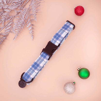 Blue plaid winter dog collar with silver hardware on white background