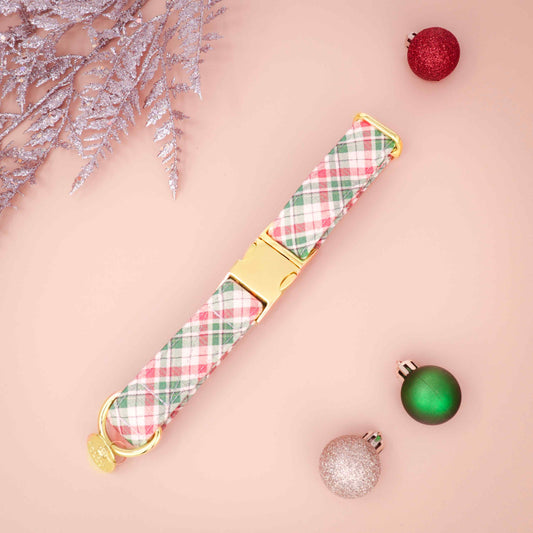 Holiday Tartan red and green plaid dog collar with silver hardware on neutral background