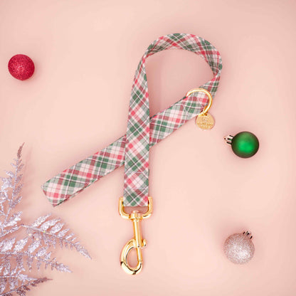 Holiday Tartan red and green plaid dog leash with metal hardware on neutral background