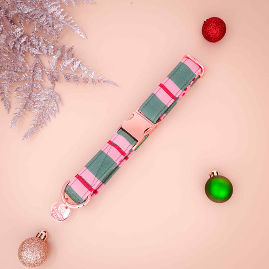 Pink and green holiday dog collar, handmade festive accessory