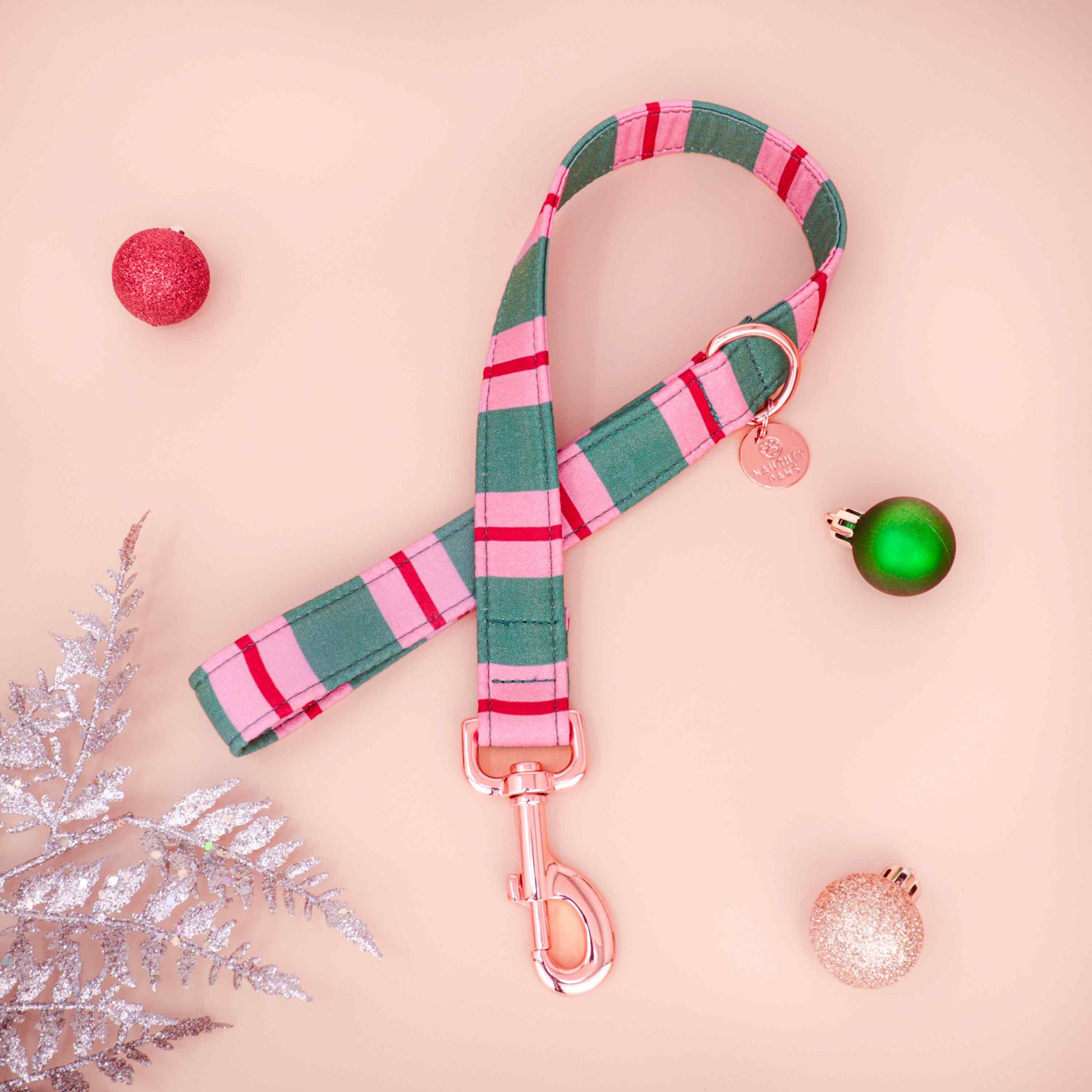 Peppermint Lane pink and green striped Christmas dog leash with metal hardware