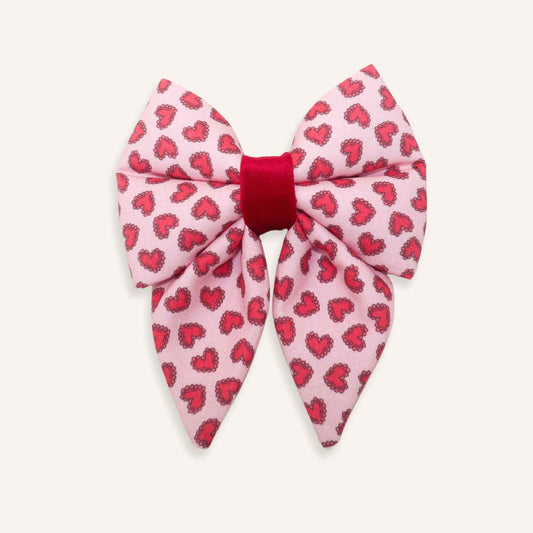 Pink Heart Print Dog Sailor Bow with Red Center Band, Valentine’s Day Over the Collar Dog Accessory