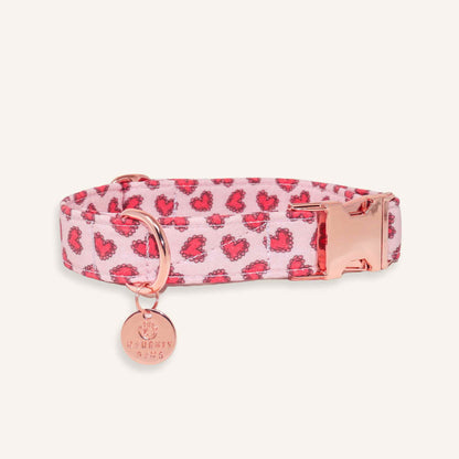 Pink Lace Hearts Dog Collar with Rose Gold Hardware, Valentine’s Day Flat Collar for Dogs