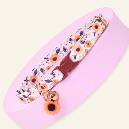 Sunflower breakaway cat collar with autumn floral print, rose gold hardware, and optional sunflower charm.
