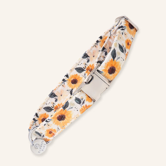 Handmade sunflower floral dog collar with orange flowers on cream fabric