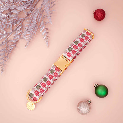 Ugly Sweater holiday dog collar with colorful sweater pattern and metal hardware