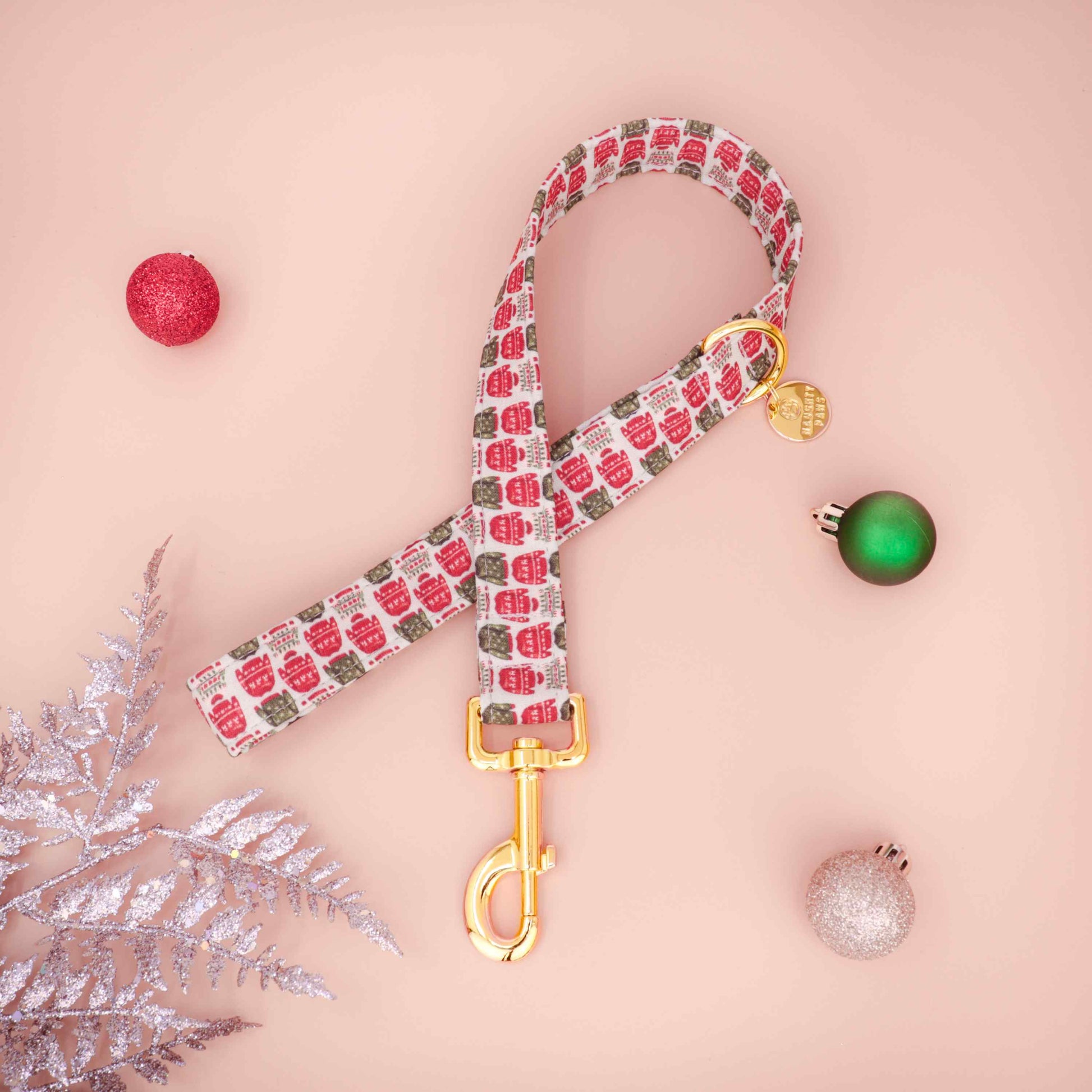 Ugly Sweater Party dog leash with colorful holiday sweater pattern and metal hardware