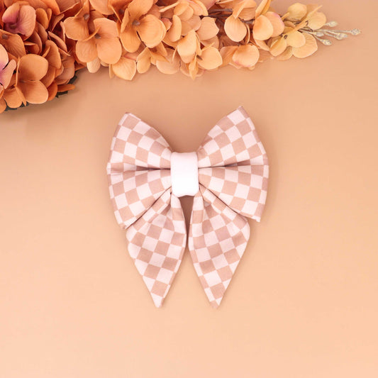 Latte Check dog sailor bow in beige and white checkered gingham, handmade slide-on collar bow for neutral stylish pets
