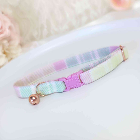 pastel plaid cat collar with pink buckle and bell