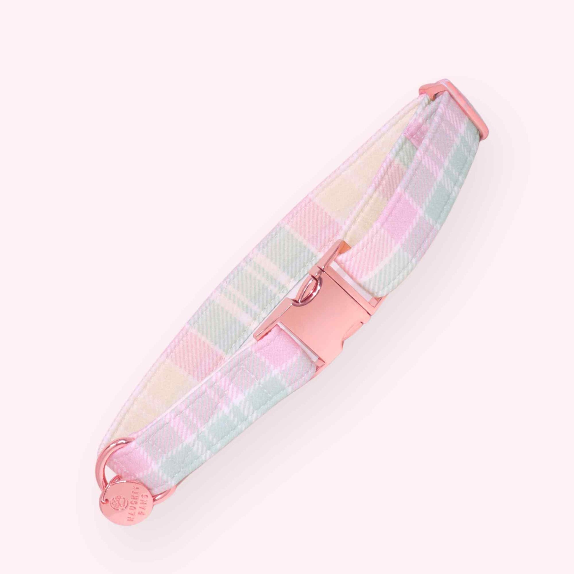 pastel plaid dog collar with soft checkered pattern and gold hardware