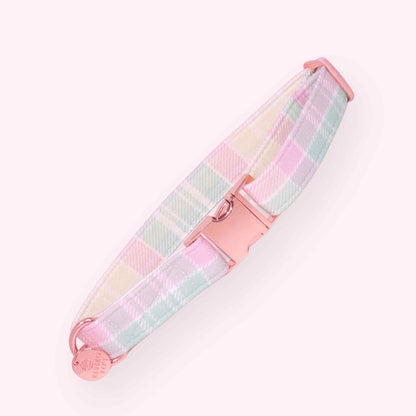 pastel plaid dog collar with soft checkered pattern and gold hardware