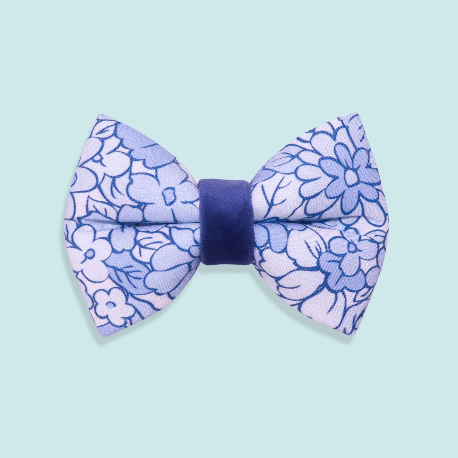Blue floral dog bow tie with elegant flower pattern and cottagecore aesthetic from the Blue Tide collection