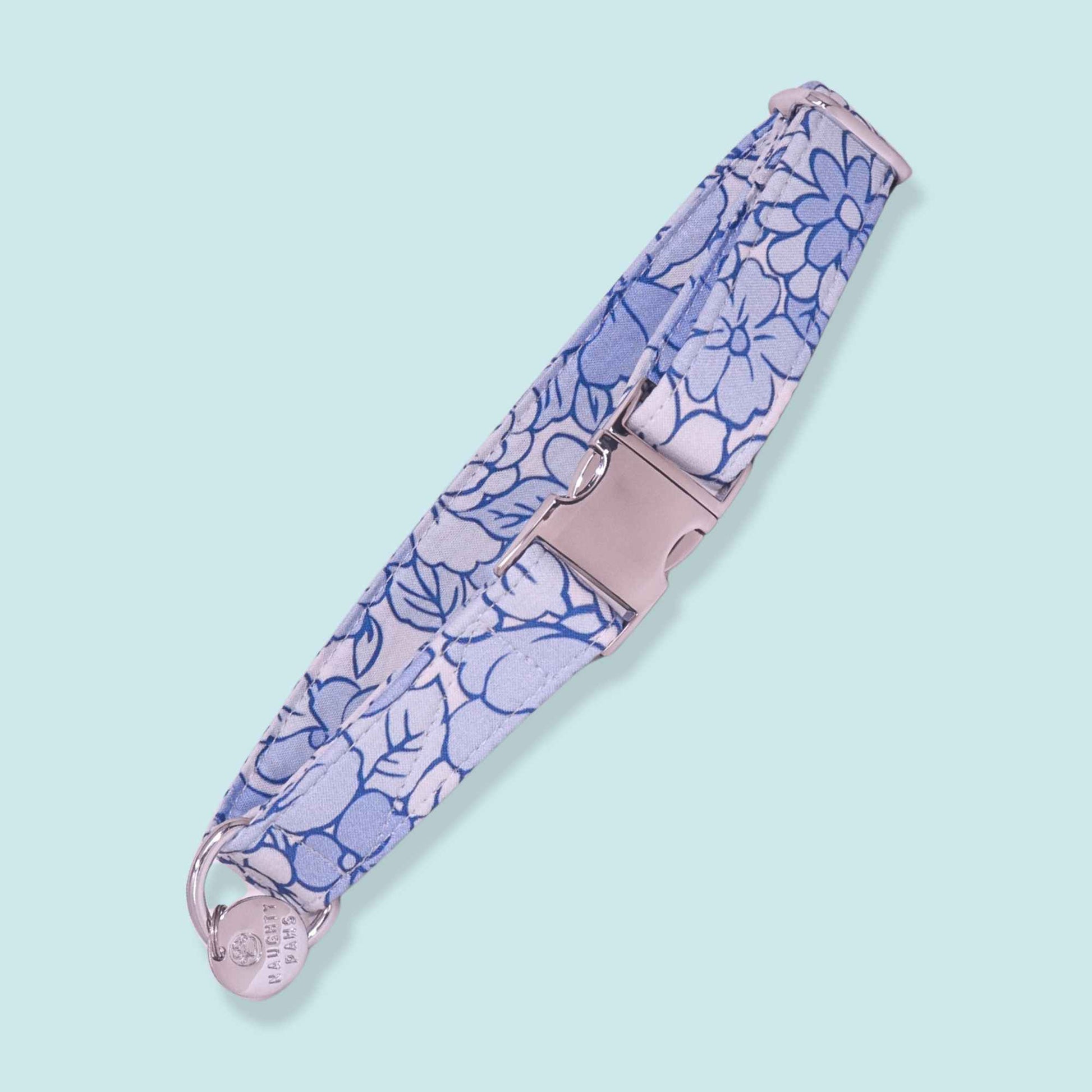 Blue floral dog collar with elegant flower pattern and silver hardware from the Blue Tide collection