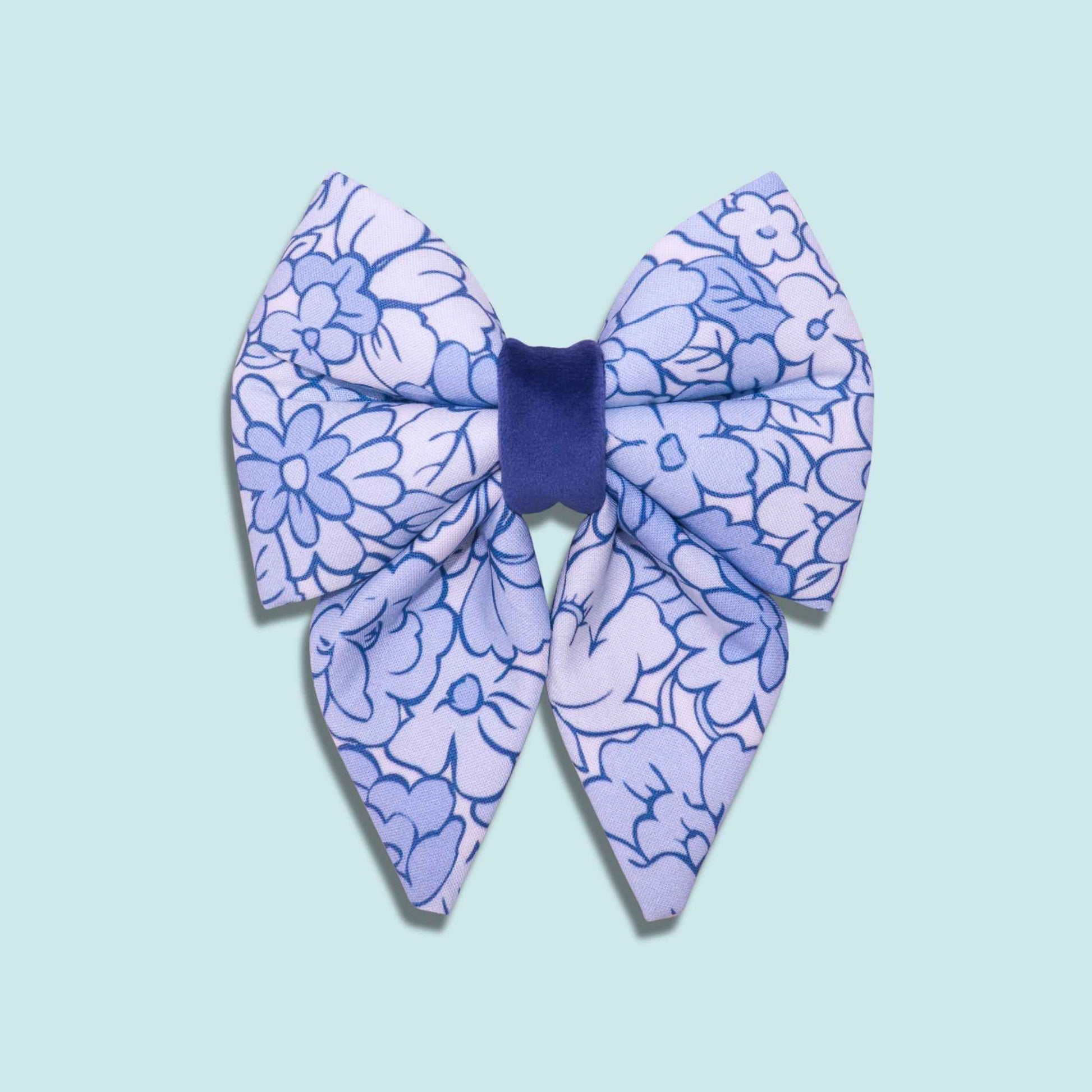 Blue floral sailor dog bow with elegant flower pattern and cottagecore aesthetic from the Blue Tide collection