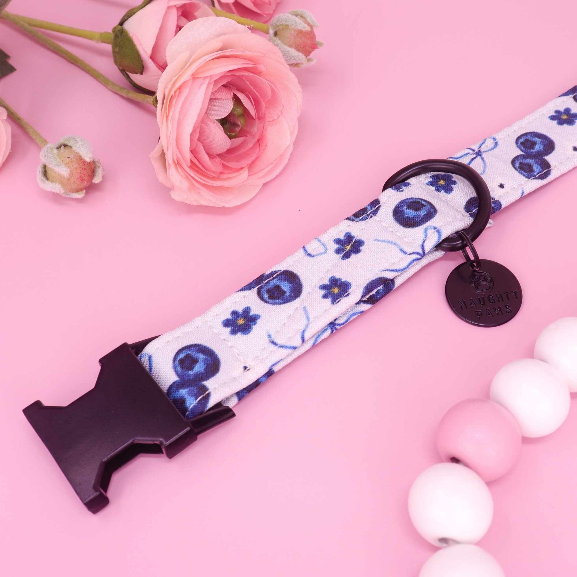 Handmade coquette dog collar featuring blueberries and bow details