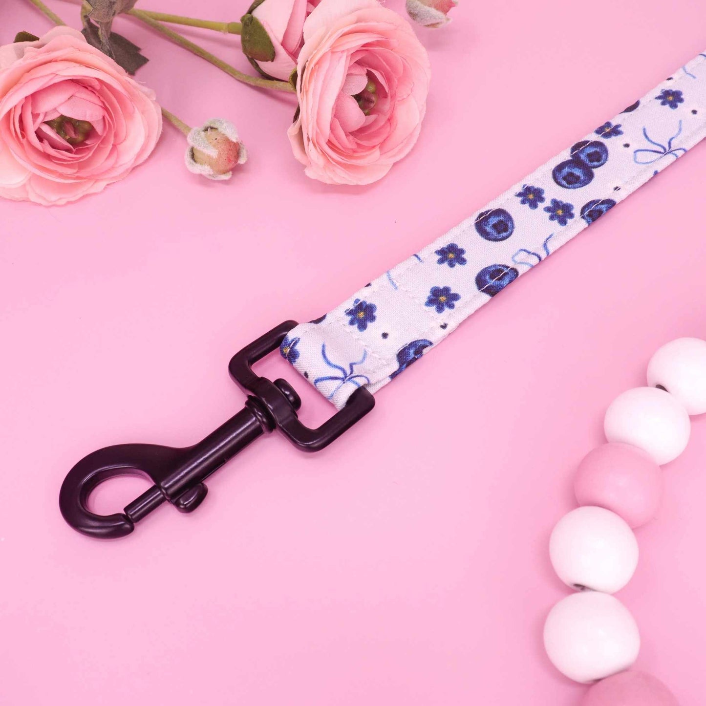Handmade coquette dog leash featuring blueberries and bow details
