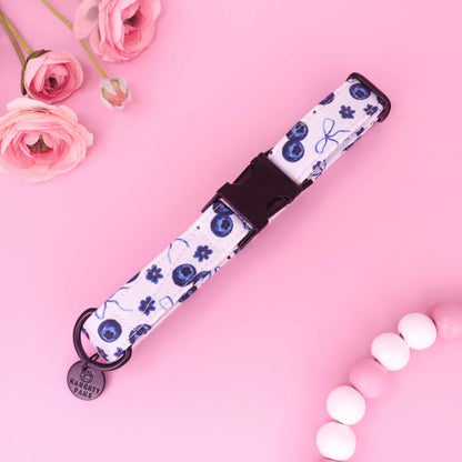 Blueberry Crumble dog collar with blueberry print and coquette bows
