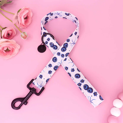 Blueberry Crumble dog leash with blueberry print and coquette bows
