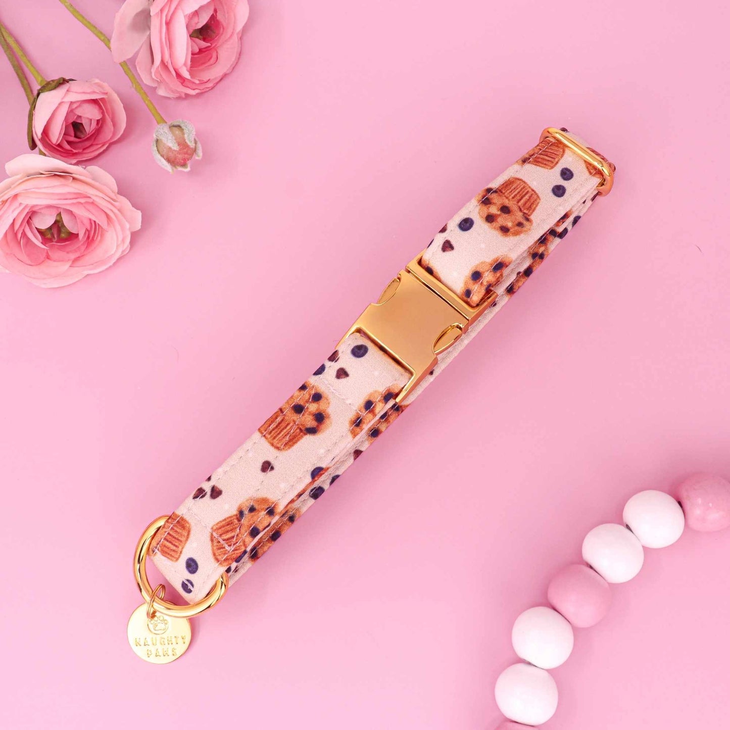 Blueberry Muffins dog collar with blueberry muffin and chocolate chip print
