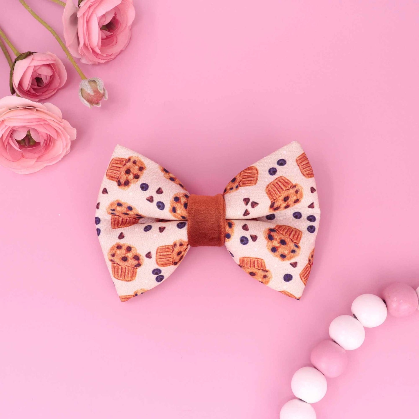 Blueberry Muffins puffy dog bow tie with muffin and blueberry print
