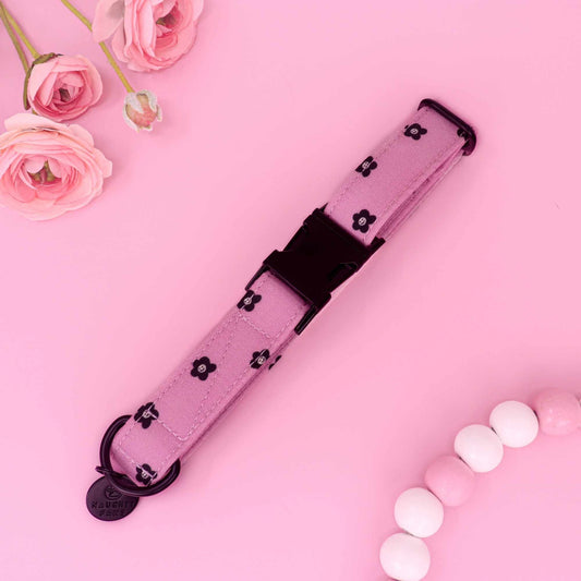 Blush Noir Bloom dog collar with soft pink fabric and black floral pattern
