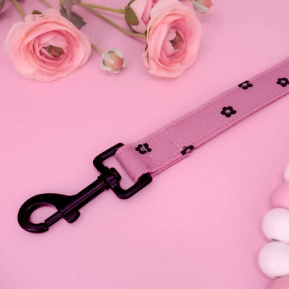 Handmade pink and black dog leash with minimalist floral design
