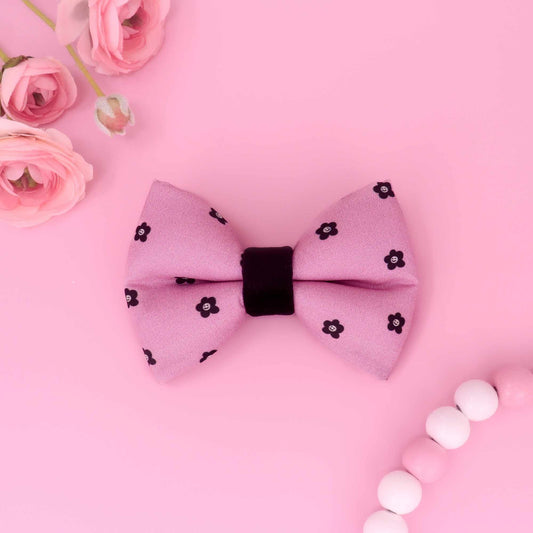 Blush Noir Bloom puffy dog bow tie with pink fabric and black floral pattern