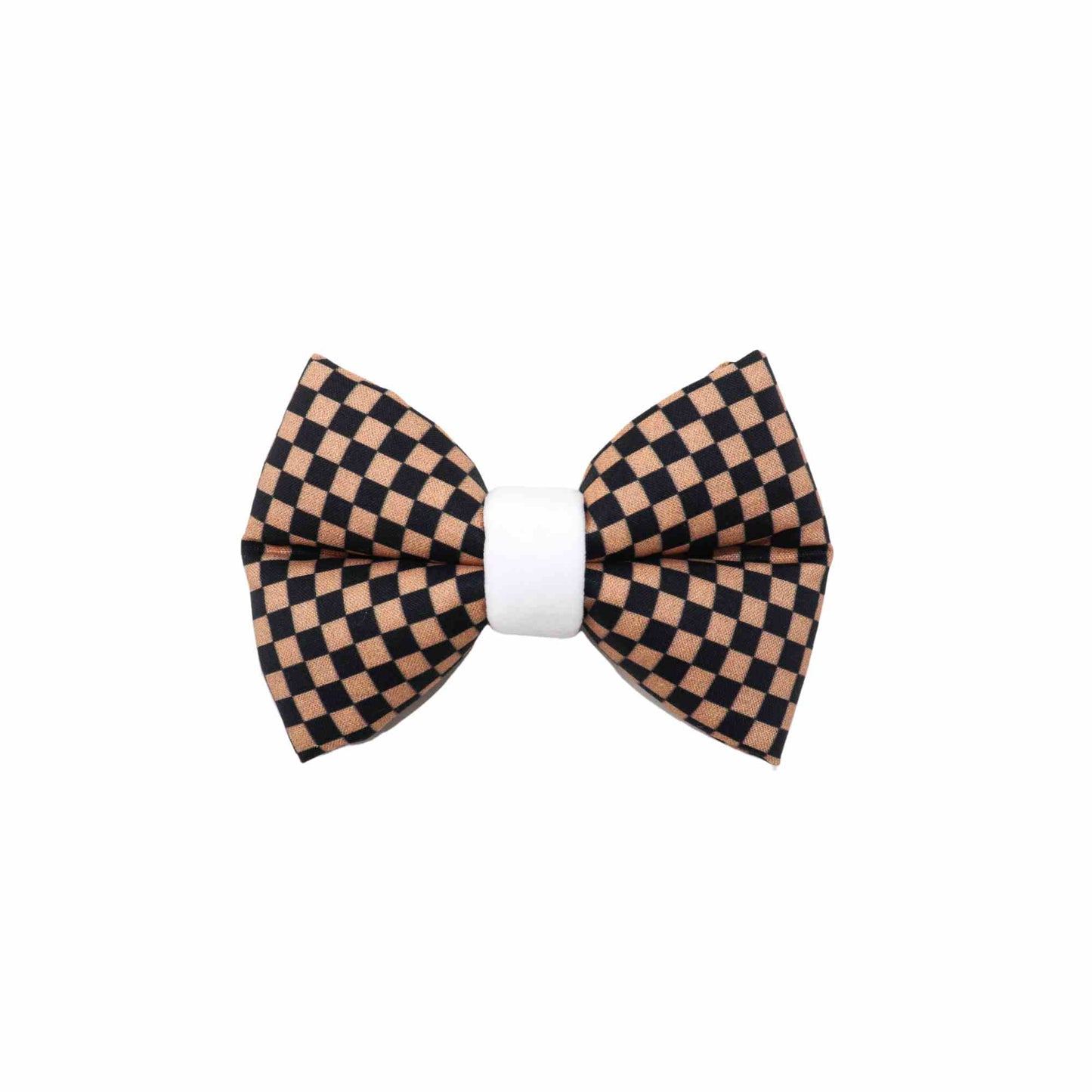 handmade boho brown and black checkered dog bowtie. Designed to be worn over the collar,