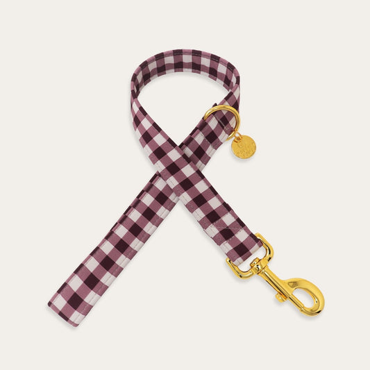Burgundy gingham dog leash with a classic plaid pattern for fall walks