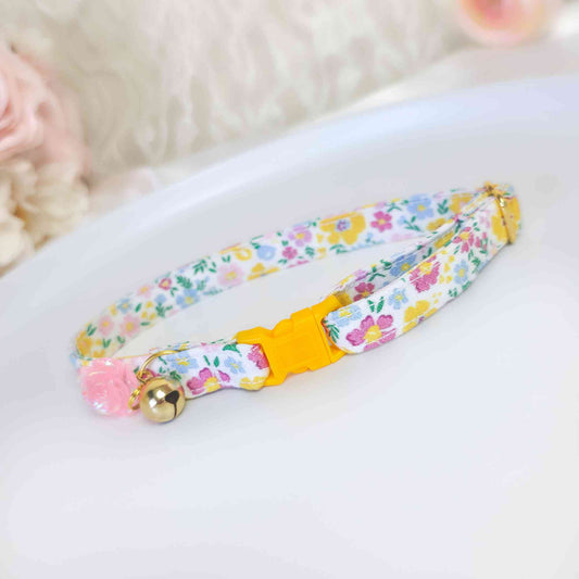 pastel floral cat collar with buttercup flowers and bell
