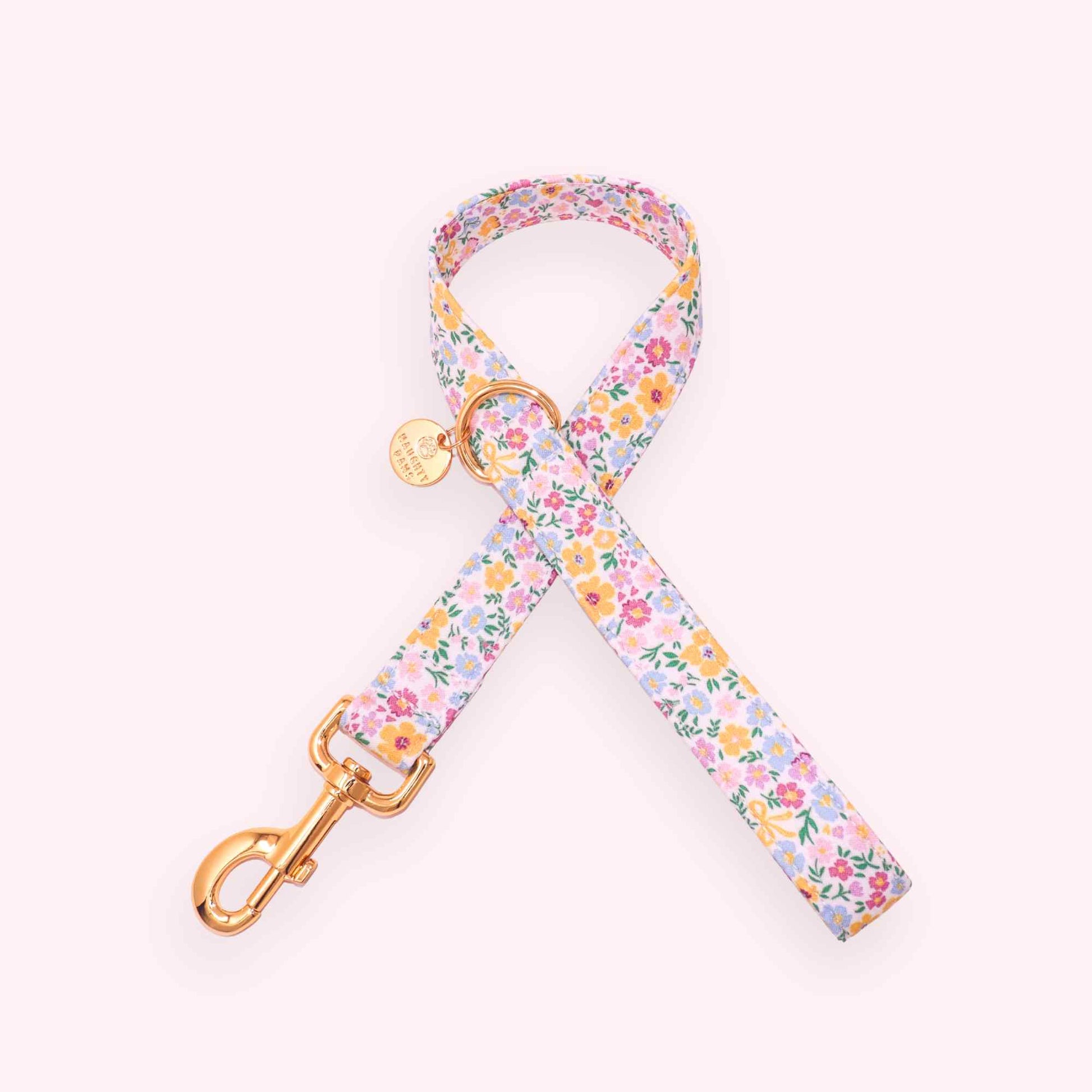 pastel floral dog leash with buttercup flowers and gold hardware