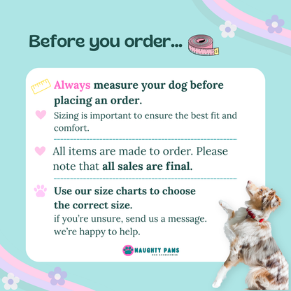 A digital graphic with a teal background and a large white information card advising pet owners to measure their dog before ordering. The text highlights sizing importance, finality of sales, and directs users to Naughty Paws for the size chart.