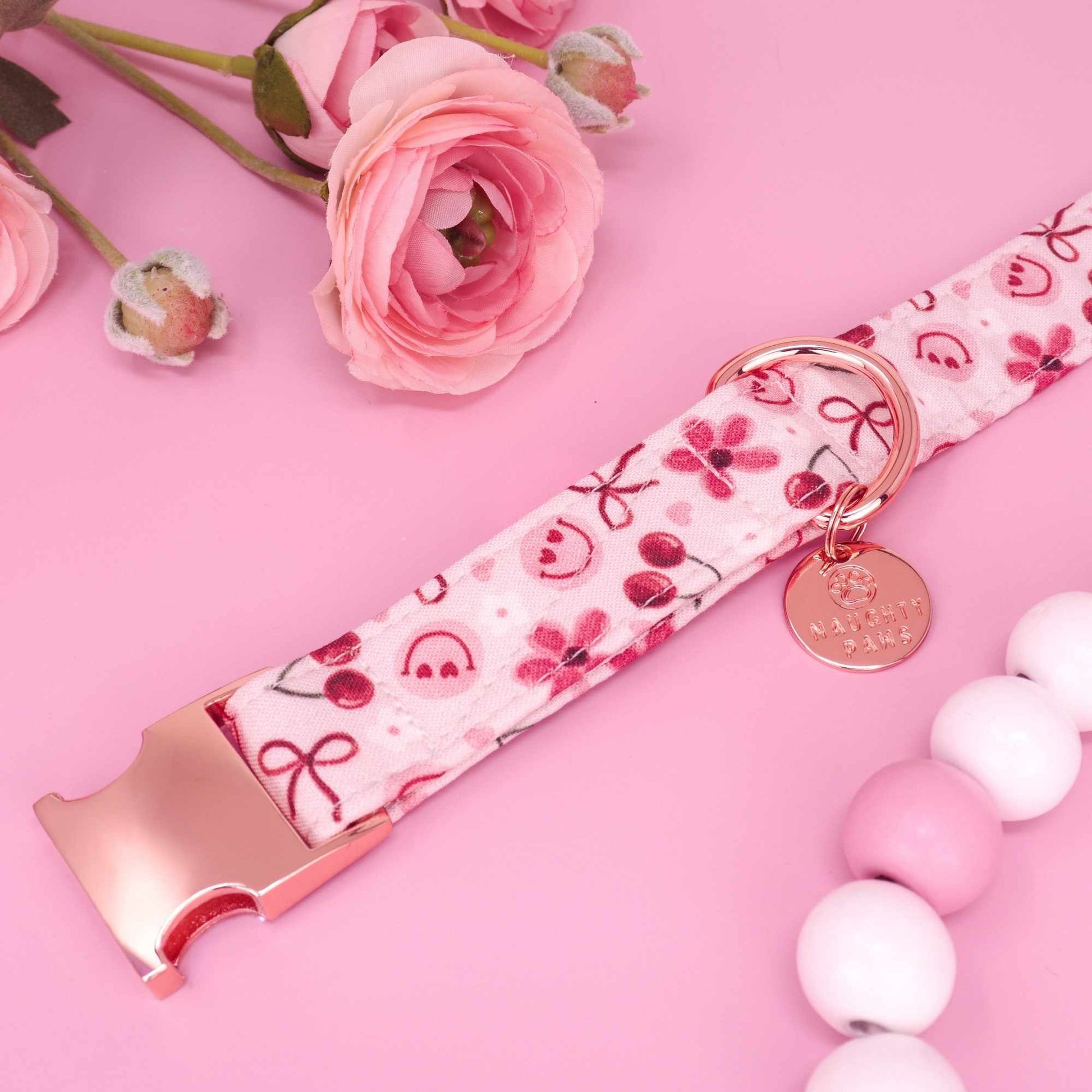 Handmade coquette dog collar with cherry print daisy flowers and red bows