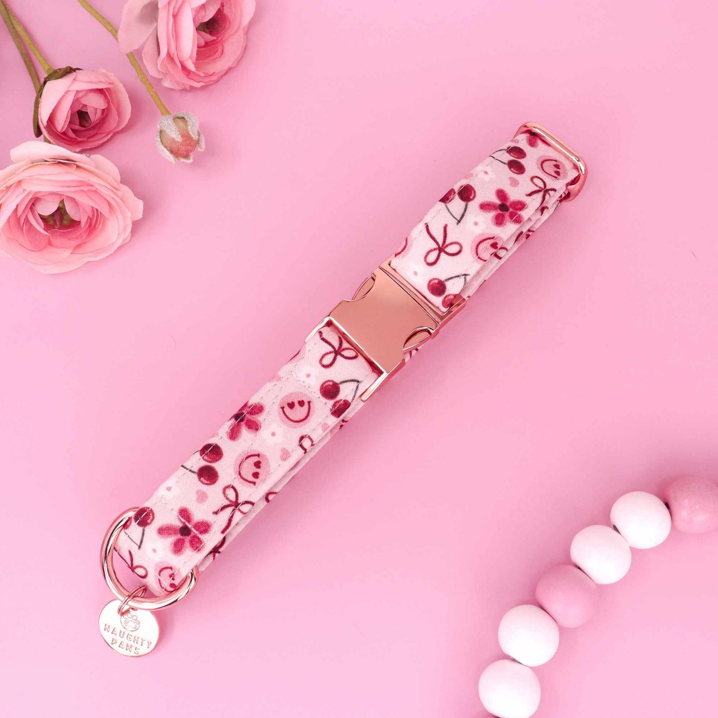 Cherry Delight pink dog collar with deep red bows cherries daisies and heart smiley faces
