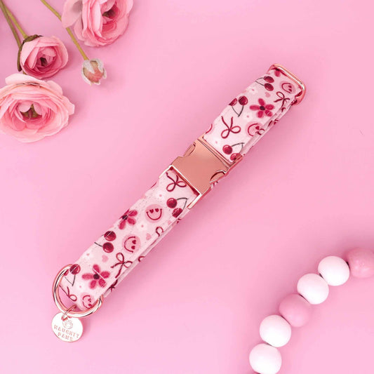 Cherry Delight pink dog collar with deep red bows cherries daisies and heart smiley faces
