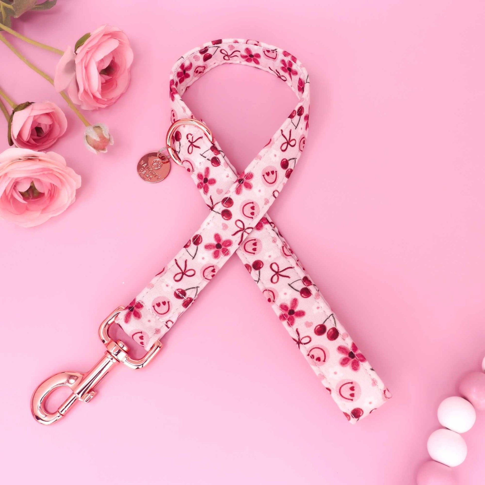 Cherry Delight pink dog leash with cherries daisies heart smiley faces and red bows