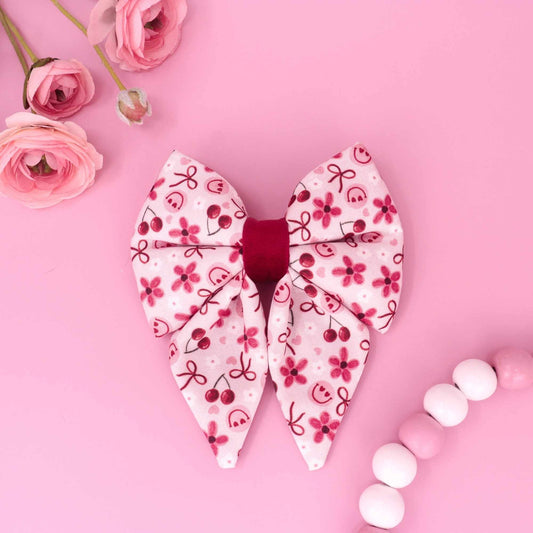 Cherry Delight sailor dog bow with cherries daisies heart smiley faces and red bows

