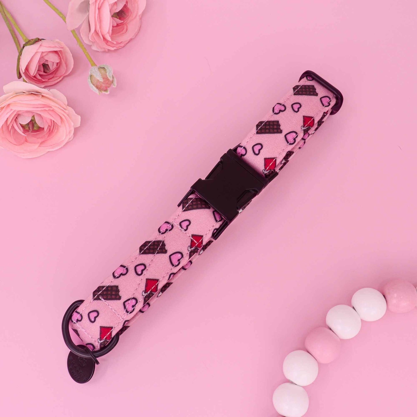 Chocolate Kisses pink dog collar with chocolate bar and heart print
