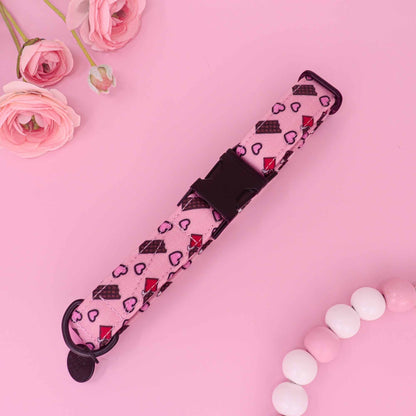 Chocolate Kisses pink dog collar with chocolate bar and heart print
