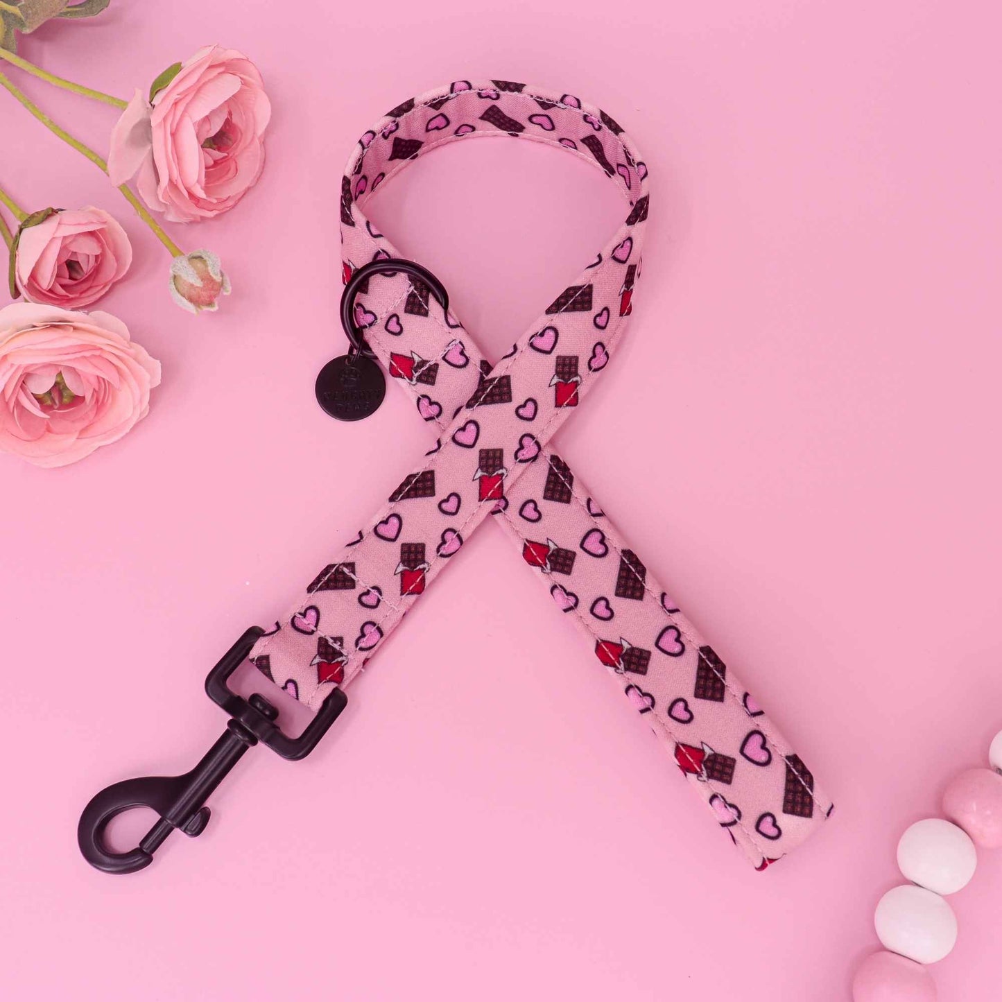 Chocolate Kisses pink dog leash with chocolate bar and heart print
