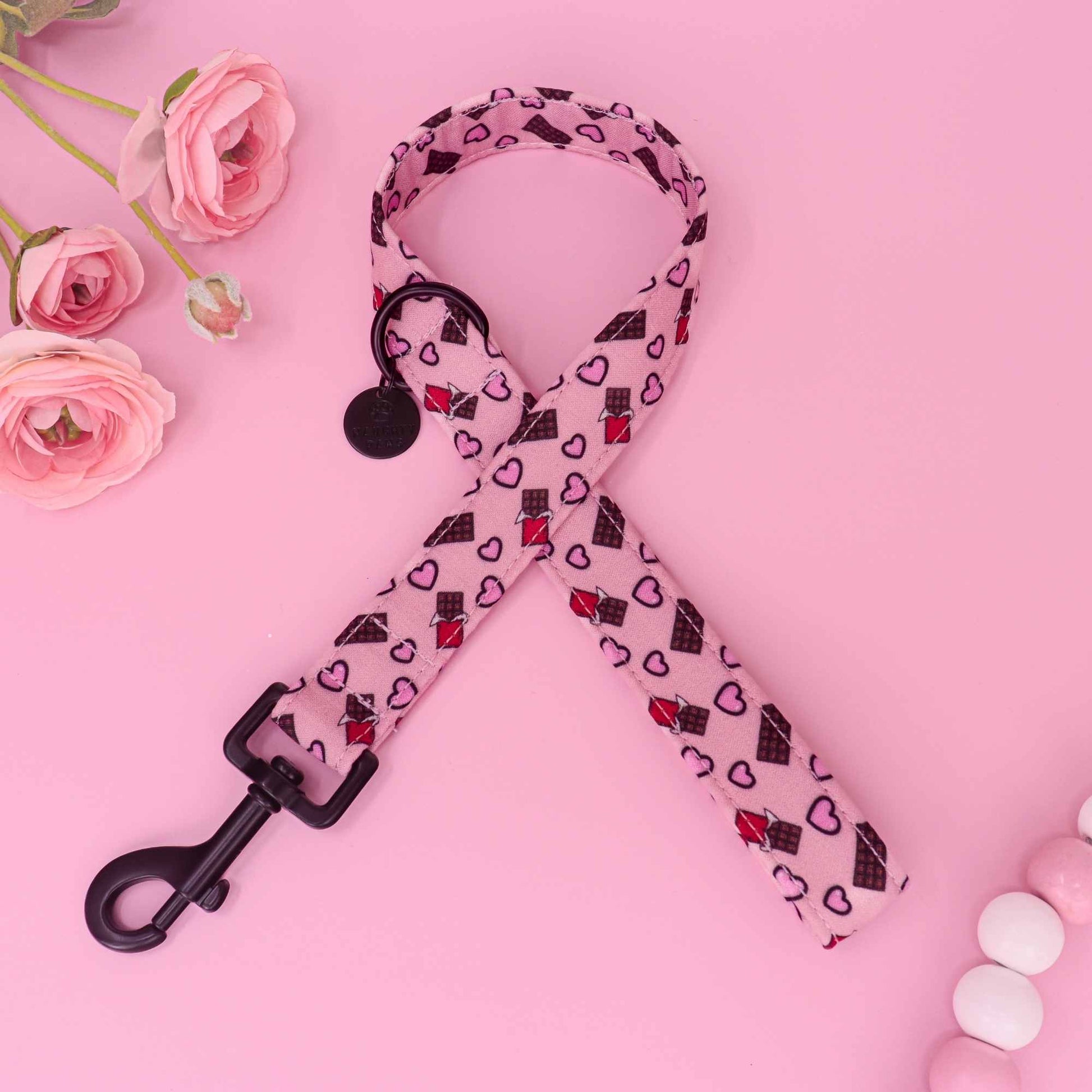 Chocolate Kisses pink dog leash with chocolate bar and heart print
