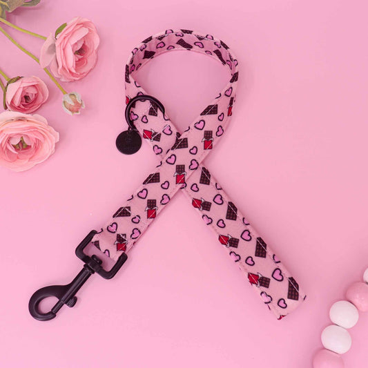 Chocolate Kisses pink dog leash with chocolate bar and heart print
