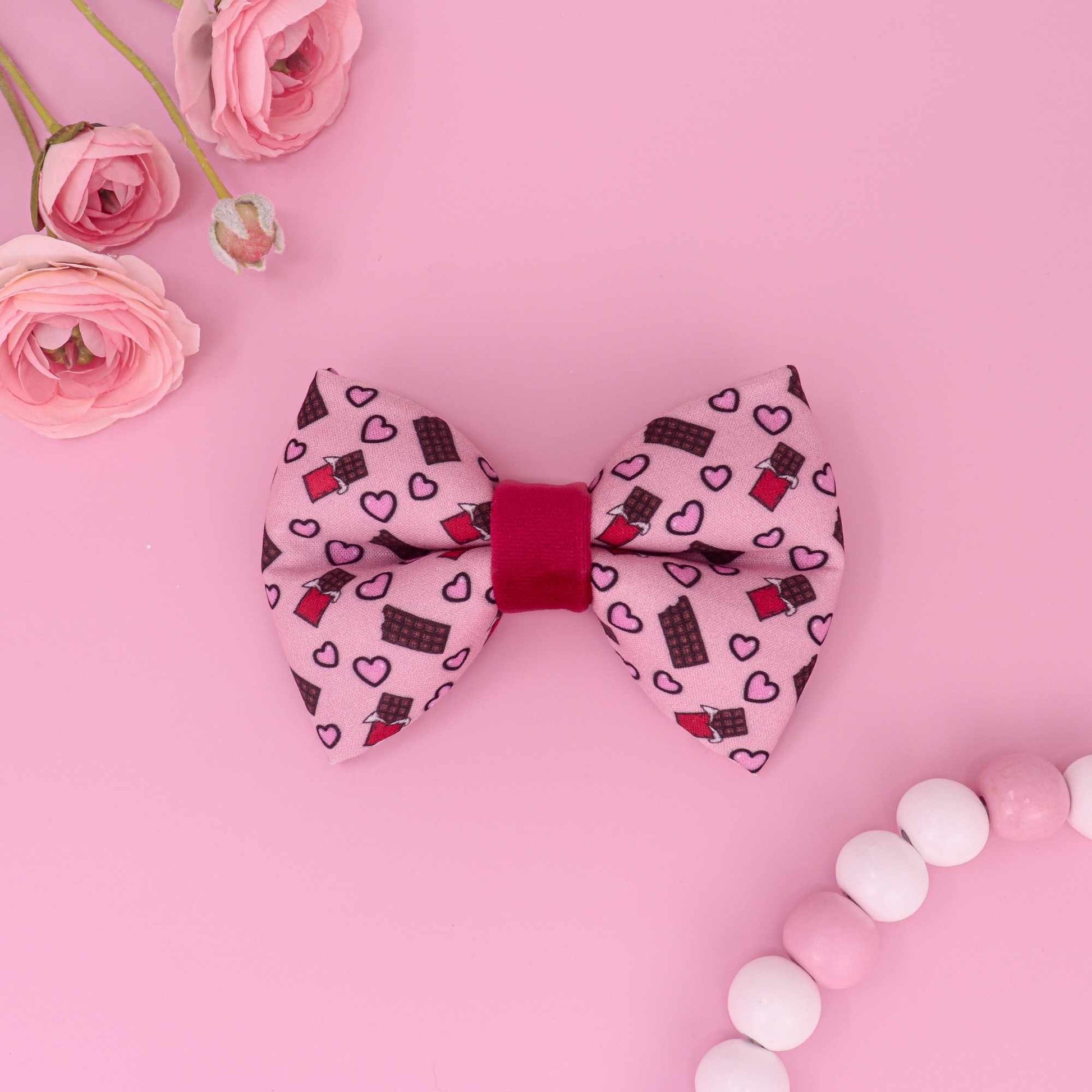 Chocolate Kisses puffy dog bow tie with chocolate bar and heart print
