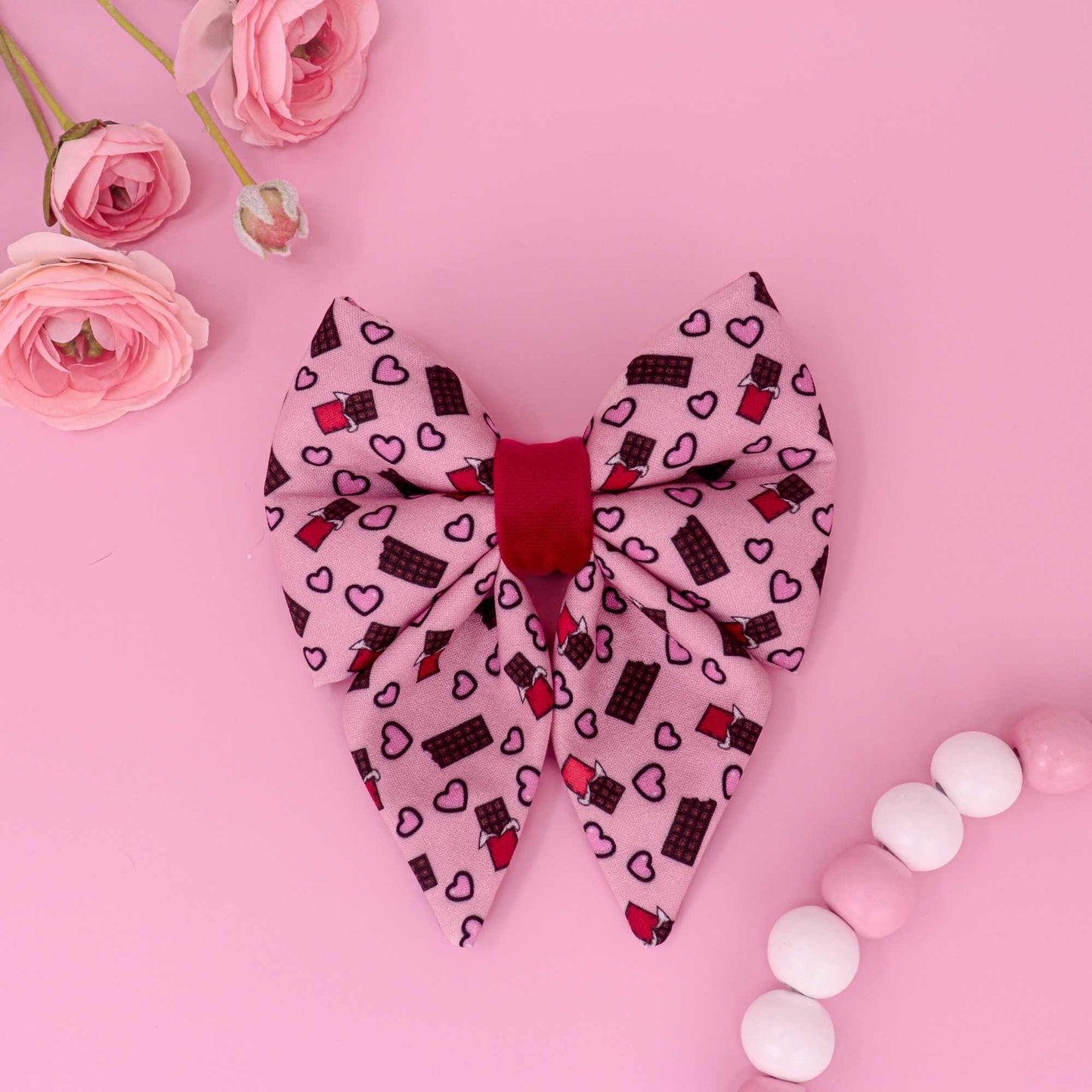 Chocolate Kisses sailor dog bow with chocolate bar and heart print
