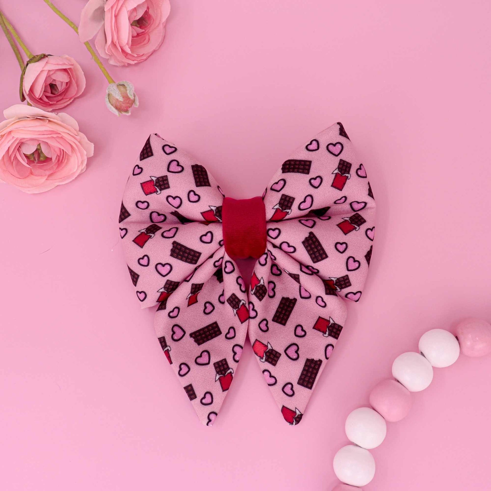 Chocolate Kisses sailor dog bow with chocolate bar and heart print
