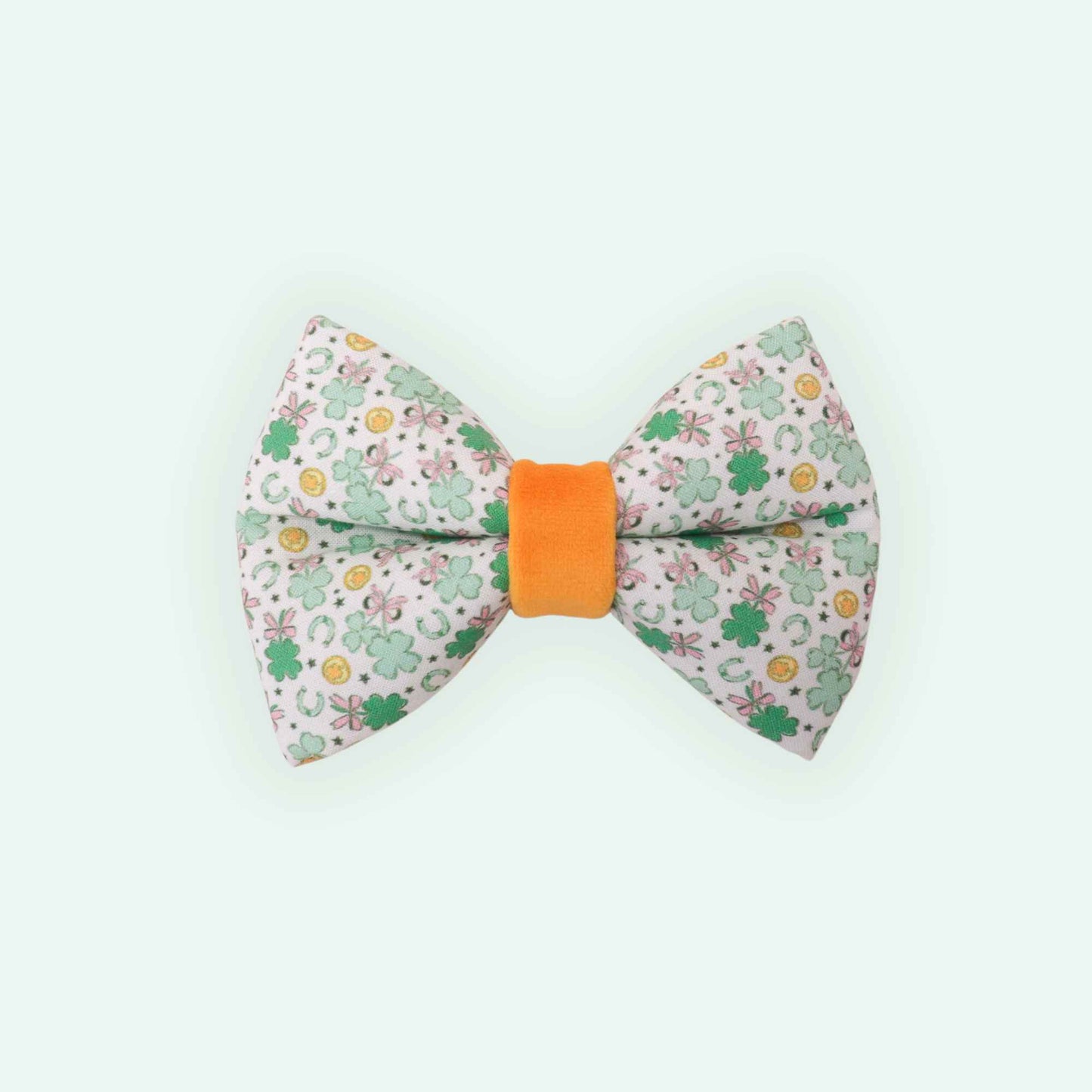 Clover Charm pink dog bowtie with lucky clover charm print, coquette style pet bow
