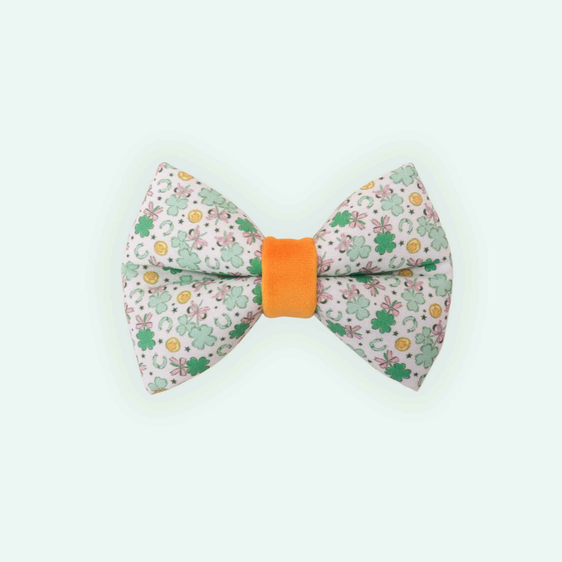 Clover Charm pink dog bowtie with lucky clover charm print, coquette style pet bow
