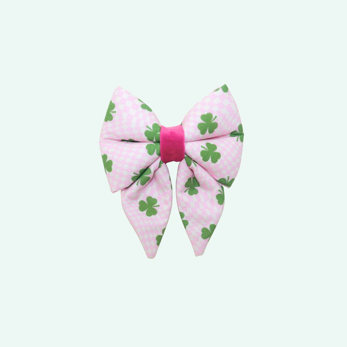Pink Clover Charm sailor dog bow with tails featuring lucky clover print, coquette style St Patrick’s Day dog accessory